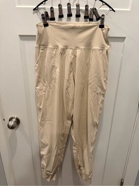 Oalka Large Beige High Waist Yoga Joggers Stretch Pocket Athleisure Pants